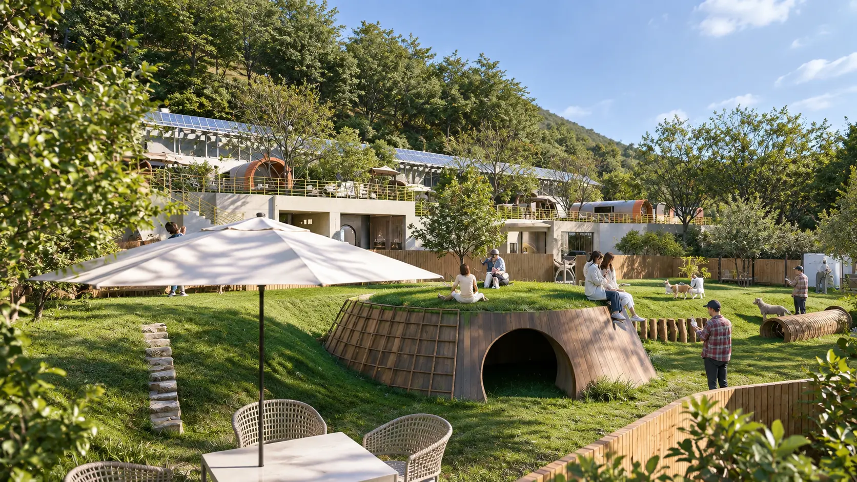 잔디 언덕과 터널 놀이 공간, 그늘막 휴게 공간이 조성된 PETARIUM 놀이터(Concept View)